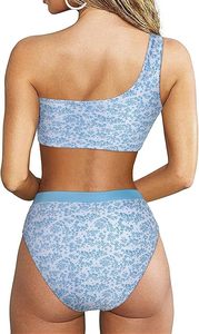 Traje de baño de dos piezas para mujer con corte alto, de un solo hombro y diseño recortado - Product Image 2