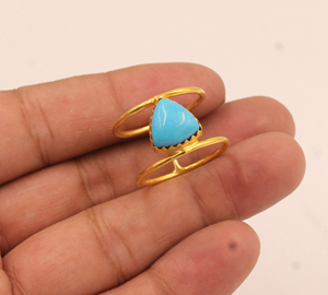 Anillo de Plata de Ley 925 con Turquesa Natural, Engaste Clásico en Bisel, Chapado en Oro de 18k, Gema Triangular, Doble Banda, para Mujer - Product Image 4