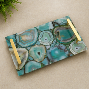 Rectangular Stone <b>Storage</b> Tray With Gold Handles Modern Design Living Room <b>Tabletop</b> Accessory - Product Image 3