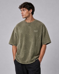 เสื้อยืดโอเวอร์ไซส์สีเขียวมะกอกย้อมสีแบบแอซิดวอชสำหรับผู้ชาย แบรนด์ Beazer คอกลม แขนสั้น สวมใส่สบาย ผลิตจากผ้าฝ้ายเจอร์ซีย์ 100% ระบายอากาศได้ดี - Product Image 6
