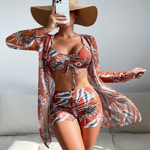 Women Geometric Print 2 Piece <b>Bikini</b> Set <b>Push</b> <b>Up</b> <b>Top</b> High Waisted Shorts With Long Sleeve Cover <b>Up</b> Swimwear - Product Image 5