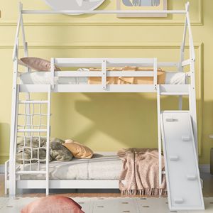 White Twin Over Queen House Bunk <b>Bed</b> with Climbing <b>Nets</b> and Ramp Kids' Furniture - Product Image 2