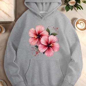 Sudadera con Capucha Casual para Mujer, Estampado Floral de Hibisco Rosa, 100% Poliéster Tejido, Sudadera de Verano con Bolsillos - Product Image 5