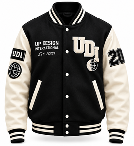 Chaqueta Varsity Negra y Crema Personalizada, Chaqueta de Béisbol de Lana Premium con Logotipo Bordado, Chaqueta Bomber Universitaria Estilo Urbano - Product Image 1