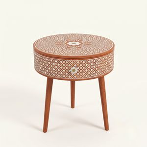 Mesita de Noche Redonda de Nácar Naranja con 1 Cajón, Incrustaciones Florales, Mueble de Dormitorio de Lujo Hecho a Mano - Product Image 1