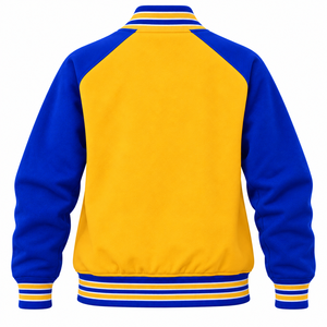 Chaqueta Varsity de Forro Polar para Mujer en Amarillo, Azul Rey y Blanco con Letras Bordadas en Chenille, Logotipo de Escudo, Cierre Completo y Ribetes Acanalados, Estilo Casual - Product Image 5