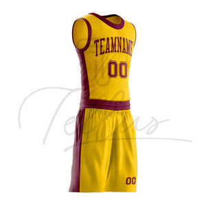 Uniforme de Baloncesto Sublimado Personalizado Amarillo y Granate con Nombre del Equipo 00, Pantalones Cortos de Malla Transpirable, Unisex, para Adultos, Todas las Temporadas - Product Image 6