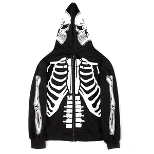 Sudadera con capucha gótica de esqueleto con cremallera completa personalizada, gráficos únicos inspirados en huesos, diseño de manga larga y estilo urbano a la moda. - Product Image 1