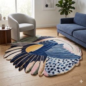 Custom Hand-Tufted Wool Area Rug Modern Abstract Colorful Bird Feathers Motif Irregular Shape Thick Plush 3D Carved Floor Carpet - Product Image 3