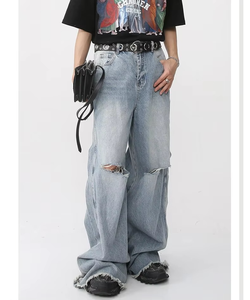 Pantalones Vaqueros de Mezclilla Desgastados con Lavado Ácido Personalizados al por Mayor para Hombre, Estilo Urbano Casual, Holgados, con Rasgaduras y Forro Polar Transpirable - Product Image 2