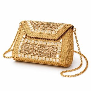Luxury Gold Embellished Clutch <b>Bag</b> | Designer Mirror Work & Stone <b>Studded</b> Handbag with Chain Strap only for Women & Girls - Product Image 1