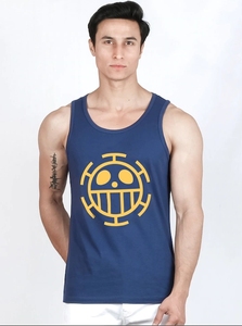 Men's Navy Blue Sleeveless Tank <b>Top</b> With Yellow <b>Skull</b> Logo Print O-Neck Casual Style 100% Cotton Breathable Knitted Fabric - Product Image 3