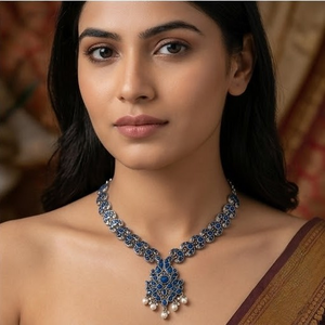 DIVYORO ROYAL BLUE FLORAL MOTIF OXIDIZED SILVER <b>LONG</b> ADJUSTABLE LENGTH CLASSIC STYLE PARTY <b>NECKLACE</b> SET - Product Image 4
