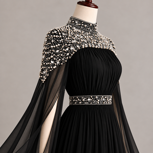 Robe de soirée longue noire perlée à col montant, sans manches, plissée, pour soirée formelle - Product Image 3