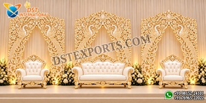 Cadre/panneaux de toile de fond de mariage en bois style palais, luxe doré, sculpté en 3D, arche de toile de fond de mariage en bois, décor de scène paon - Product Image 2
