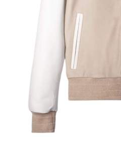 <b>Mens</b> Varsity <b>Jacket</b> Beige Wool Body <b>White</b> Front Embroidery Stand Collar Horn Button Waterproof College Bomber <b>Jacket</b> - Product Image 6