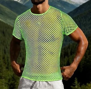 T-shirt respirant pour homme, couleur verte, style streetwear, coupe classique, en maille, vente en gros, t-shirts en maille effet vieilli - Product Image 5