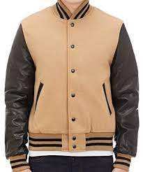 Veste universitaire pour homme beige et noir avec manches en cuir PU, col rabattu, coupe décontractée, fermeture boutonnée, idéale pour l'automne - Product Image 3