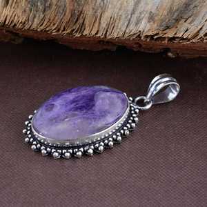 SHYAM JEWELRS Collar con Colgante de Charoita Natural en Plata de Ley 925, Cadena de Serpiente, Engaste Ovalado, Bañado en Rodio, Estilo Bohemia - Product Image 2