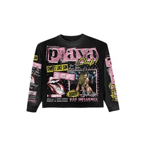 Custom Screen Print Men's <b>Black</b> <b>Long</b> <b>Sleeve</b> <b>Crop</b> <b>Top</b> Oversized Street Style Jersey Cotton O-Neck T-Shirt - Product Image 6