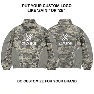 Premium 120 GSM Polyester Microfiber Windbreaker <b>Jacket</b> Gray <b>Camo</b> Contrast Panels Custom Logo OEM - Product Image 1