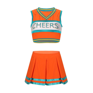 Ensemble uniforme de cheerleading style universitaire haut à manches longues jupe plissée dégradé de couleurs blocs de couleur personnalisés orné de strass - Product Image 3