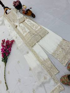 Elegante Conjunto de Kurta de Seda Chinon Blanca con Bordado Dorado para Mujer, Ropa Tradicional Étnica para Bodas y Fiestas, de Secado Rápido y Sin Arrugas - Product Image 4