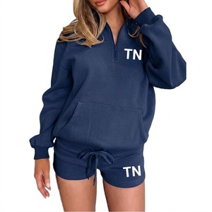 Women Half Zip Full Sleeve Crew Neck 2 Piece Shorts <b>Set</b> Casual Modern Athleisure Everyday 100% Cotton Fleece <b>Waterproof</b> - Product Image 2