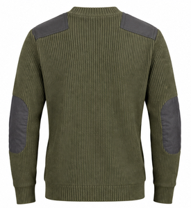 Suéter de punto acanalado para hombre, color verde oliva, cuello redondo, 100% algodón, corte holgado, antipilling, con bolsillo, manga larga, patchwork, color liso - Product Image 2
