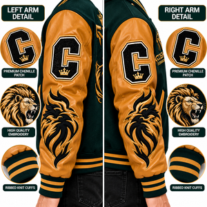 Veste varsity verte pour homme, manches en cuir doré, lion brodé, col montant, boutons pression, style hip-hop, veste d'hiver, logo personnalisé - Product Image 5