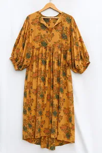 Bohemian Floral Print Brown Cotton Midi <b>Dress</b> With Puff Sleeve V-Neck <b>Loose</b> Fit A-Line Casual Summer <b>Dress</b> For Women - Product Image 5