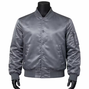 Chaqueta Bomber de Satén Personalizada al por Mayor con Parches Bordados en Blanco de Poliéster - Product Image 1