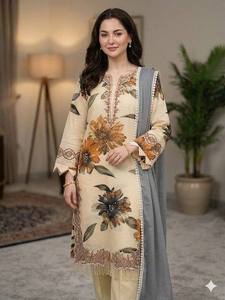 Kurti en mousseline imprimée élégante avec broderie et dentelle, palazzo et dupatta en georgette – Ensemble pour tous les jours et les fêtes - Product Image 2