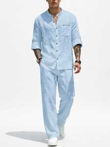 Conjunto de camisa y pantalones de lino y algodón azul claro para hombre, conjunto deportivo informal de manga larga para verano - Product Image 1