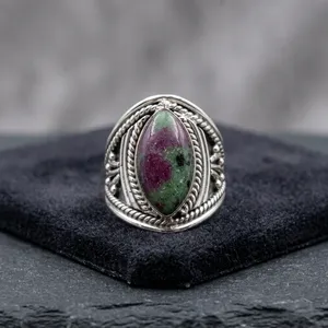 925 Sterling Silver Ruby Zoisite Gemstone Ring Handmade Oval Stone Bezel Set Bohemian Geometric Design Unisex Everyday Wear - Product Image 6