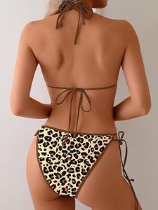 Ensemble bikini sexy pour femmes, imprimé léopard, haut à lacets, bas à nouer, maillot de bain deux pièces, vêtements de plage - Product Image 6