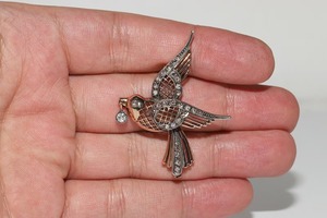 Broche oiseau antique faite à la main en or 14 carats et argent, sertie de diamants de laboratoire et de moissanite en argent 925, pour femme - Product Image 3