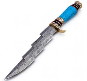 Couteau utilitaire artisanal en acier Damas à lame étagée, manche turquoise, accent en laiton, outil de collection et d'artisanat - Product Image 1