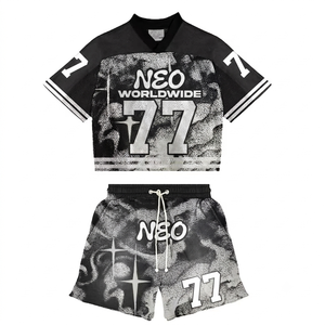 Ensemble de survêtements en maille noir et blanc avec impression par sublimation, streetwear, short et haut à col en V, respirant, polyester, unisexe, adulte, été - Product Image 1