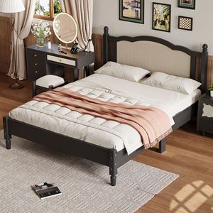 Cadre de lit vintage Queen Size avec tête de lit en rotin naturel, support en lattes de bois et finition noire, lit plateforme en bois unique - Product Image 2
