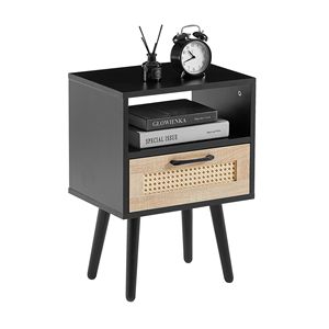 Comodino Moderno Nero da 40 cm con Cassetto e Gambe in Legno Massello, Tavolino Laterale in Rattan per Camera da Letto o Soggiorno - Product Image 5