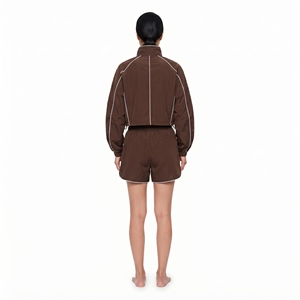 Ensemble de survêtement 2 pièces marron pour femme, veste zippée à col montant et short, tenue sportive - Product Image 6