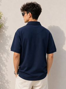 Polo homme bleu marine de qualité supérieure, col rabattu, manches courtes, couleur unie, t-shirt décontracté en coton, coupe ample, vêtements pour homme - Product Image 2