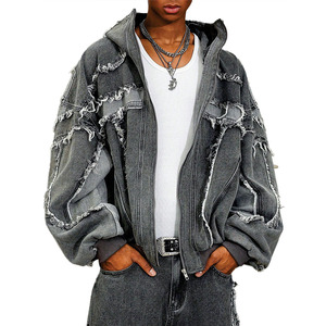 Fashionable Custom Oversized Distressed <b>Denim</b> Hoodie <b>Jacket</b> Vintage Washed Streetwear Unisex Heavyweight Zip Up Men's Hoodies - Product Image 4