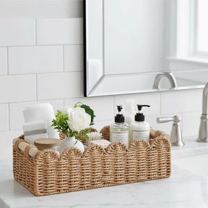 Neutral Rattan <b>Storage</b> <b>Basket</b> with 2 Wooden Handles, Scalloped Edge Toilet Paper <b>Basket</b> for Bathroom Shelf Decor - Product Image 4