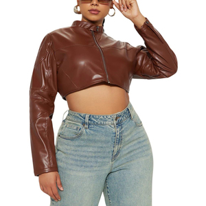 Chaqueta de Moto de Cuero Sintético Marrón para Mujer, Manga Larga, Cierre de Cremallera, Cuello Alto, Estilo Corto, Moda Otoñal - Product Image 6