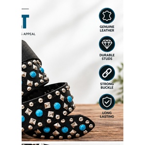 Premium Quality <b>Belt</b> with Turquoise Studs and Alloy Buckle Classic <b>Vintage</b> Style Solid Pattern for Men Casual Wear - Product Image 5