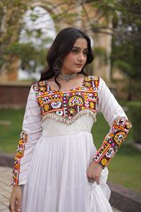 Women Traditional Rayon Floor-Length Party Gown with Gamthi Embroidery Mirror <b>Gota</b> Patti Lace Wrinkle-Free Fabric - Product Image 3