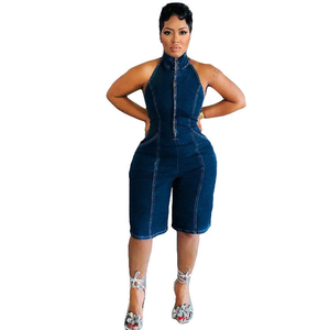Combinaison en jean pour femme, couleur unie, fermeture éclair sur le devant, coupe ajustée, tenue de club d'été - Product Image 5