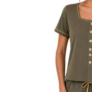 Olive Green Women Two Piece Shorts Set Square Neck Button <b>Top</b> Gold Leaf Embroidery Casual Summer Cotton Lounge Wear Pajama - Product Image 3